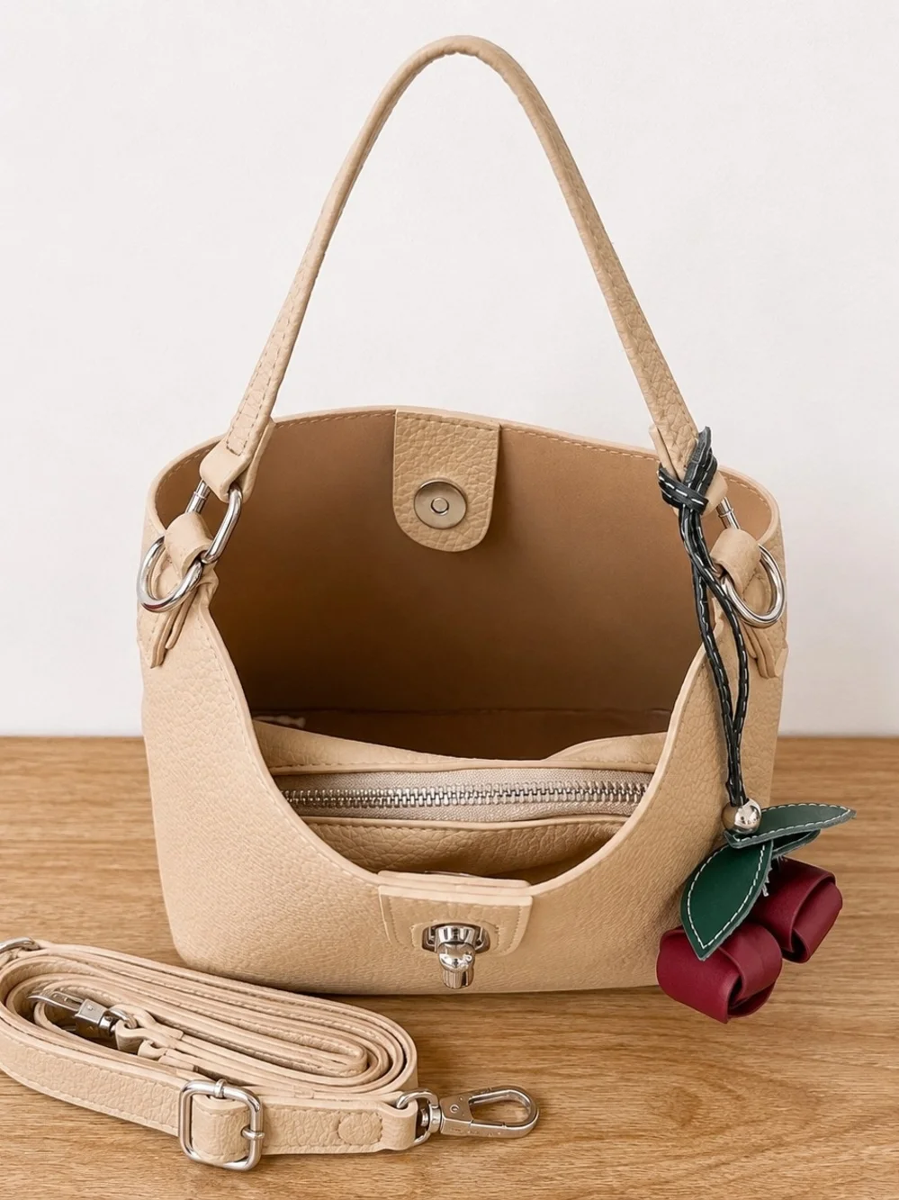 Beige Leatherette Shoulder Bag with Flower Charm